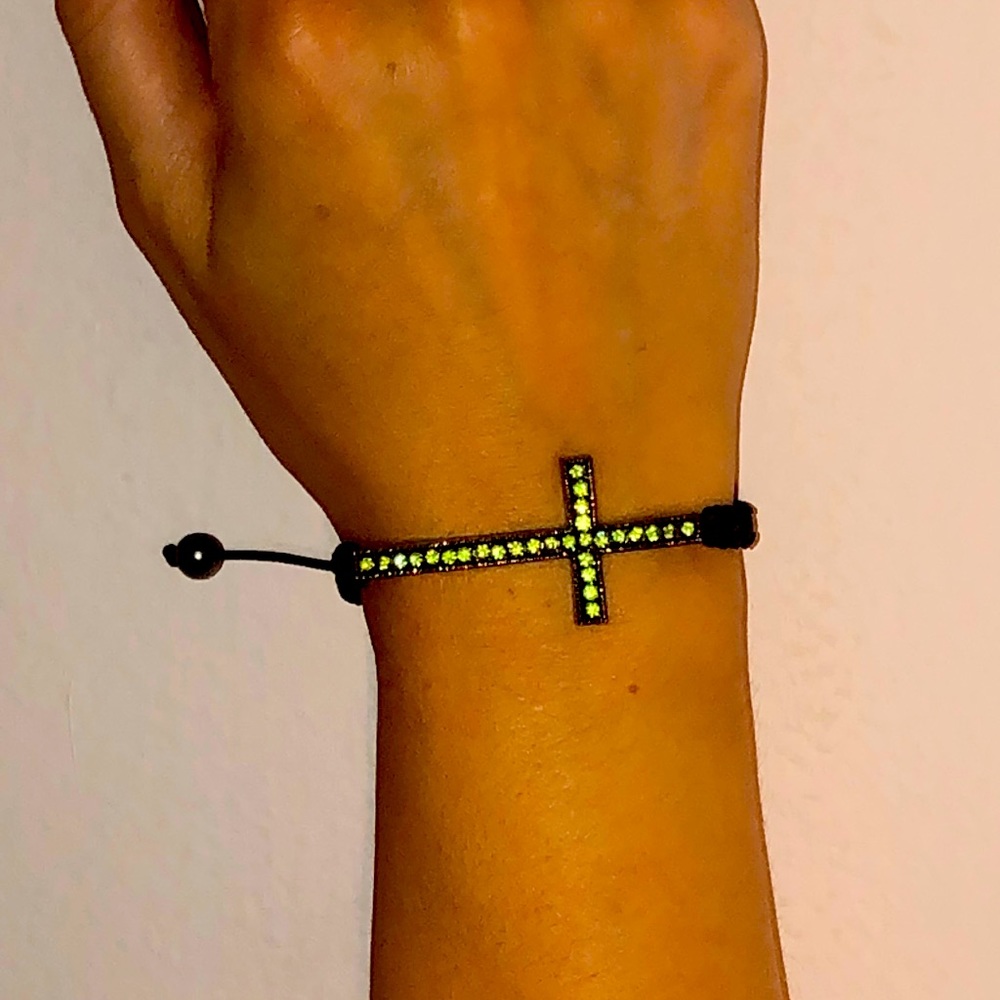 Green bedazzled cross bracelet